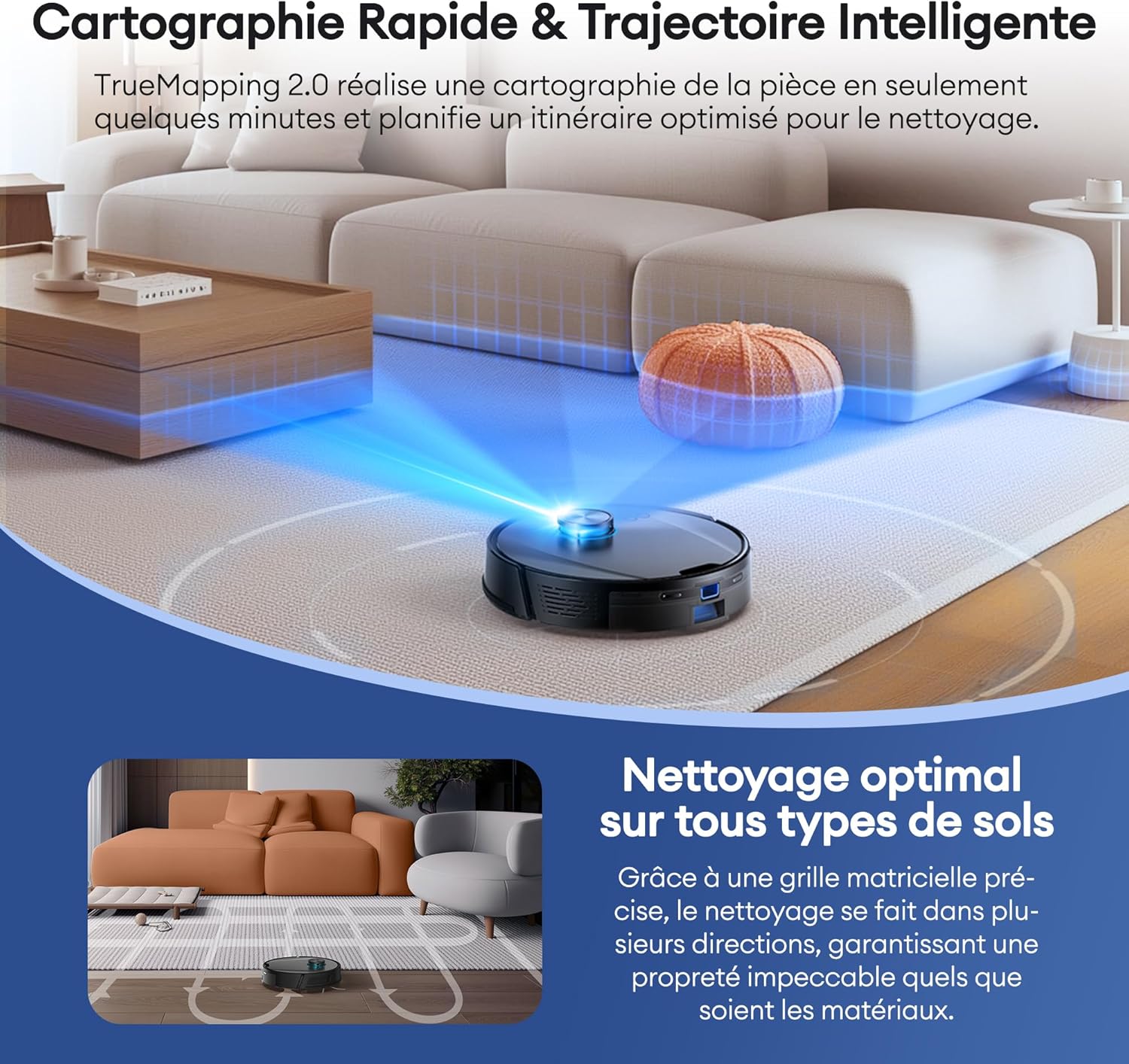 Aspirateur robot laveur 3 en 1 -ultra puissante 10000Pa Longue autonomie